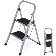 2 Step Ladder Folding Step Tool Pedal Anti-Slip for Kitchen Garage Library Gray