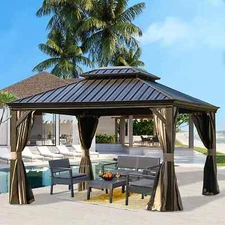 10' x 12' Outdoor Hardtop Gazebo Aluminum Brown Frame w/Sidewalls Double Roof