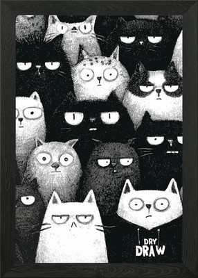 Grumpy Cats schwarz-weiß Illustration gerahmt Wandbild Poster Leinwanddruck Bild