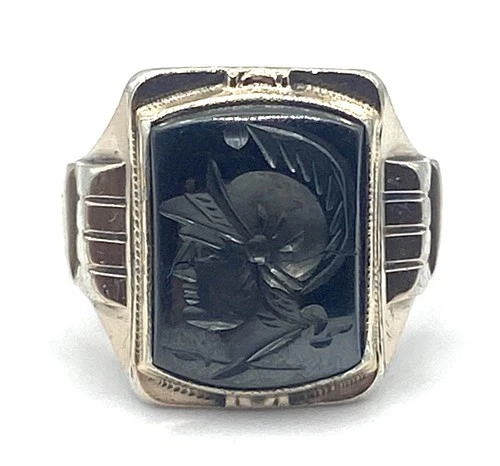 Vintage Sterling Silver & 10K Gold Accents Hematite Roman Warrior Ring Size 8
