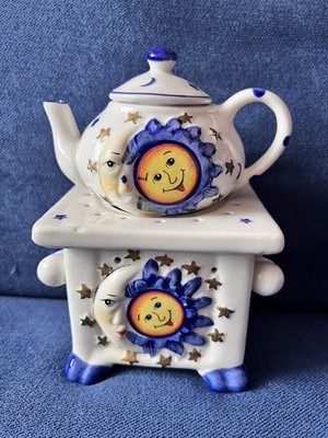 Ceramic Tea Pot Essential Oil Burner Candle Warmer Sun Moon Stars Blue White