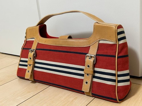 Burberry Blue Label Stripe Canvas Leather Handbag Red Japan