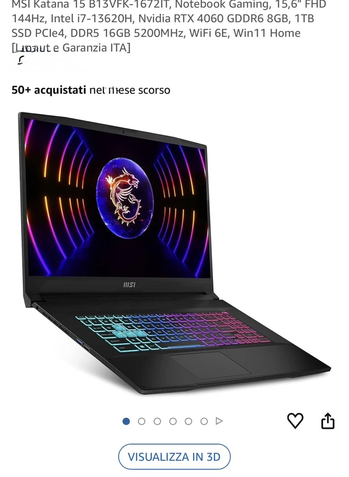 MSI NOTEBOOK KATANA 15 B13VFK-247IT I7-13620H/16GB/1TBSSD/RTX4060-8GBDDR6/15,6 - Immagine 4 di 4