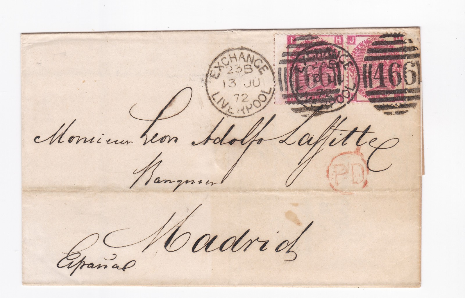 1872 QV FINE PAIR 3d ROSE STAMPS PLATE7 ON EXCHANGE LIVERPOOL WRAPPER TO MADRID