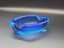 Cobalt Blue Glass Oblong Cigarette Cigar Ashtray Thumbprint Design