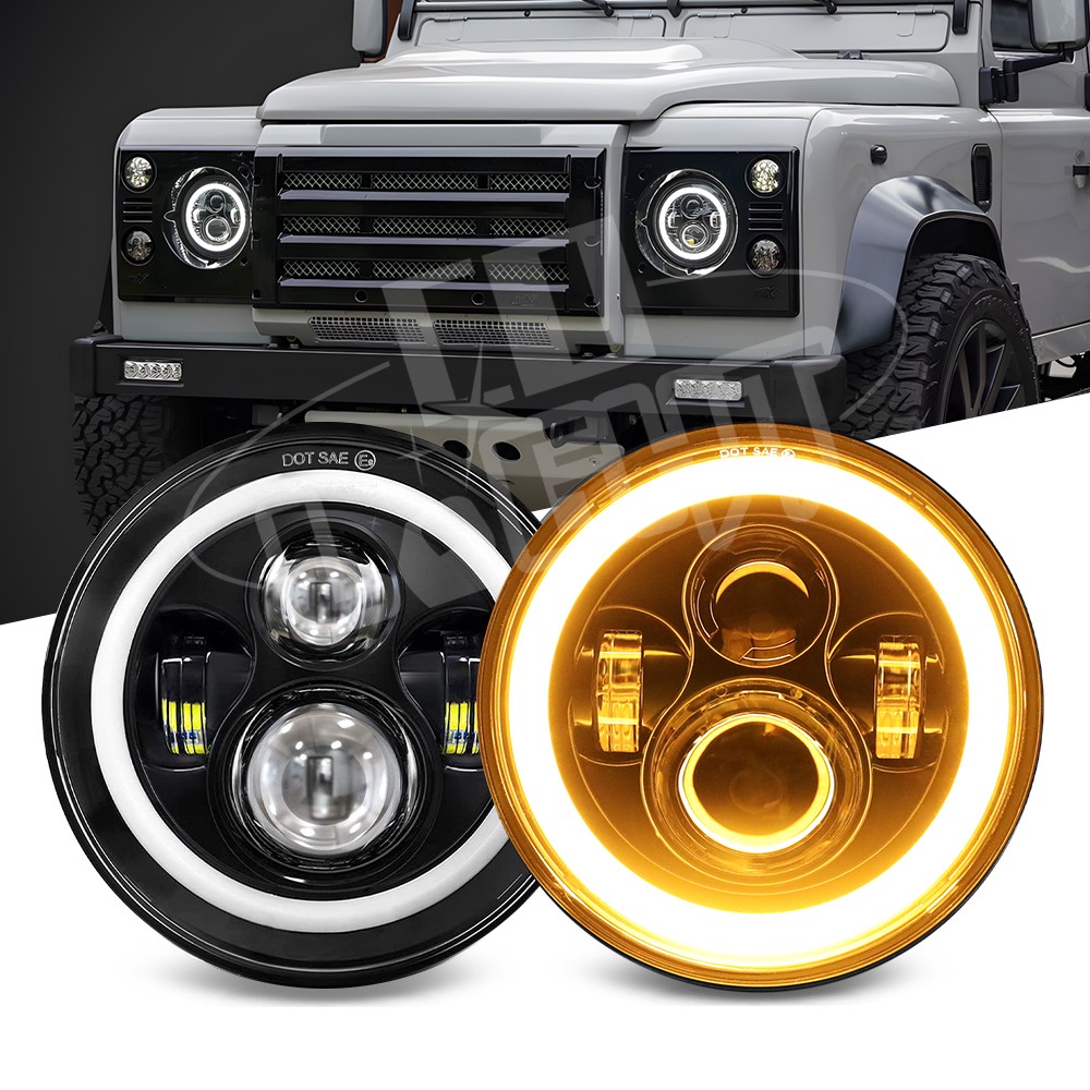 Pair 7"" Round LED Headlight Halo DRL Hi/Lo Beam For Land Rover Defender 90 & 110