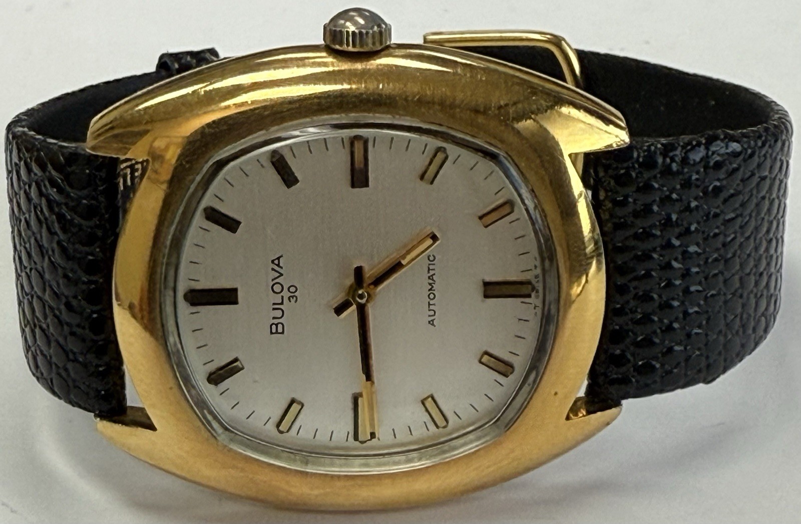 Vintage Bulova 30 Jewels Automatic Gold Electroplated Bezel Black Leather Watch