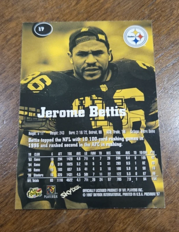 1997 Skybox Premium #17 Jerome Bettis Pittsburgh Steelers - Image 2 of 2