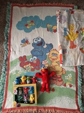   Vintage Sesame Street Blanket Tapesty Twin Flat Sheet Numbers  Elmo Toys Lot