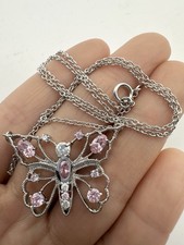 Sterling Silver Butterfly Necklace Pink Clear C Z 16  
