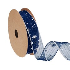 Organza Star Ribbon Wired 1 Inch Wide 20 Yards Navy Blue