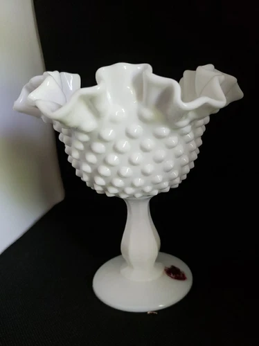 Vintage Fenton Milk Glass Hobnail Crimped Edge Pedestal Compote 6"