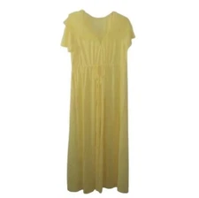 1970's Yellow Satin Ruffle Collar 1/2 Zip Full Length Nightgown Womens Size L