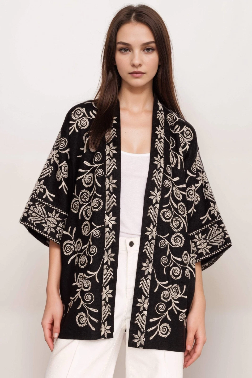 Johnny Was Workshop Black Hannani Shawl Collar Linen Kimono W47624-5