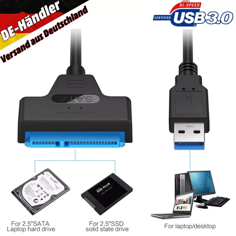 USB 3.0 auf zu SATA Adapter Kabel 22 Pin Für 2,5" Festplatte PC Laptop HDD SSD - Bild 4 von 4