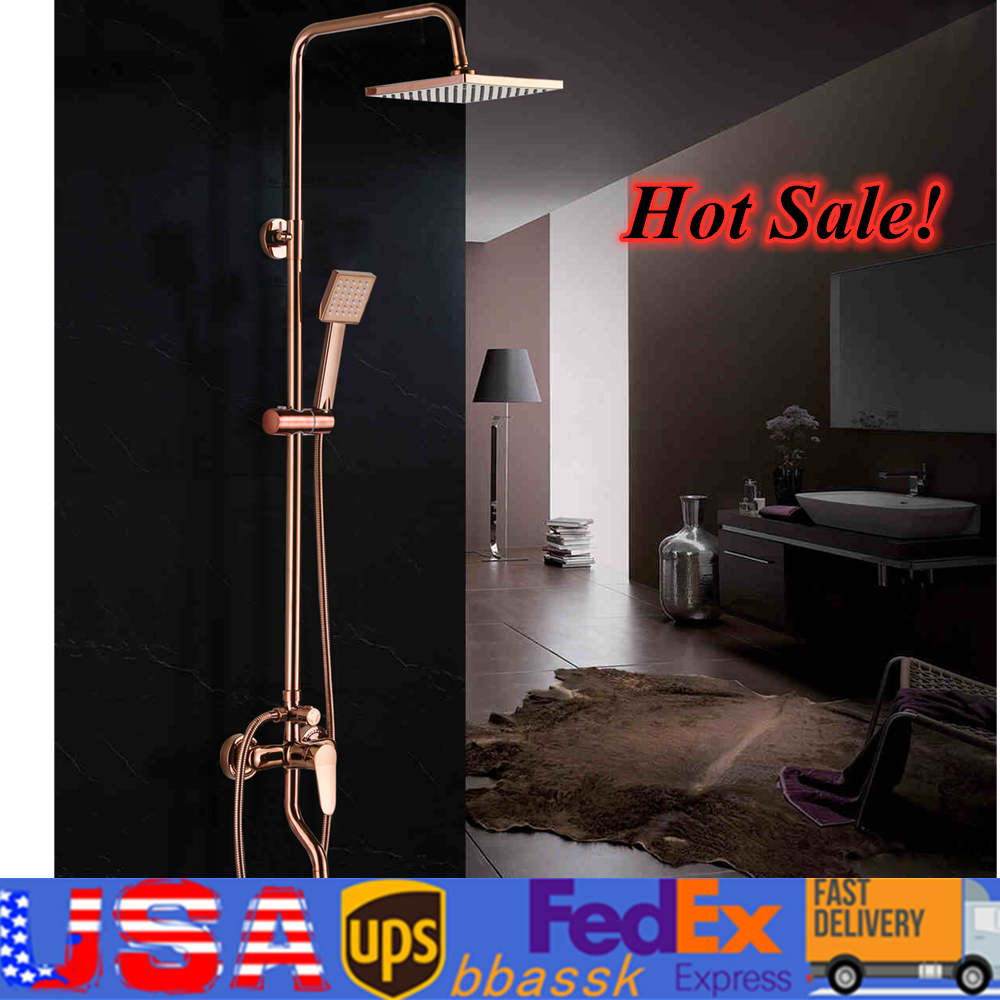 Rose Gold Bathroom Rainfall Shower Faucet Set Tub Mixer Tap with Hand Spray