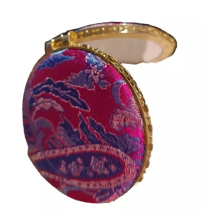 Deluxe Double Mirror Compact Brocade Magenta Green Silver Butterfly Latch Vintag - Image 4 of 4