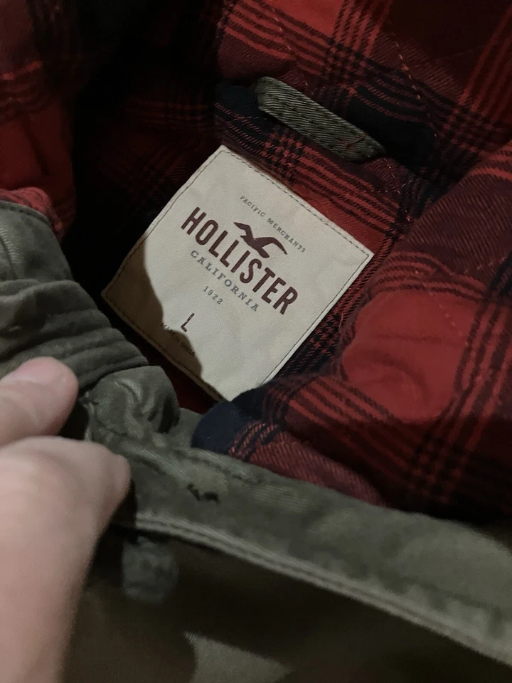 Womens Hollister Sz L Flannel Lined Hooded Coat Parka Button Zip Green Twilight - Image 3 of 4