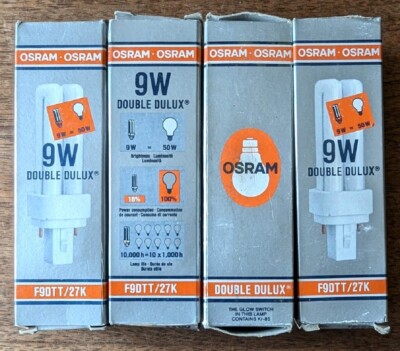 Osram Sylvania 9W Double Dulux F9DTT/27K, 10000 Hours, Base G23-2, Lot of 4, NOB