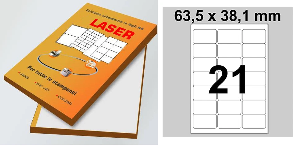 GIULIANI FORNITURE 100 FOGLI A4 CARTA ADESIVA 2100 ETICHETTE 63,5x38,1 mm INKJET LASER