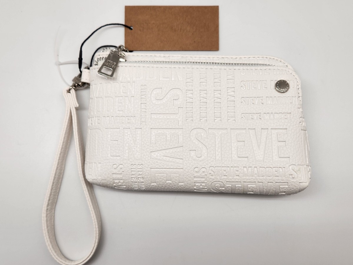 STEVE MADDEN Wristlet Double Zip Embossed Logo Wallet White with