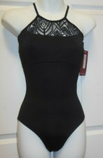 Mirella Peacock Plume hi neck cami Leotard Black Ladies szs M2130LM New