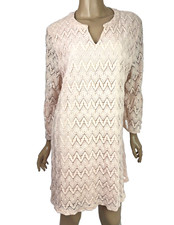 Style & Co. Shift Dress Size Large Pink Crochet Bell Sleeves Split V Neckline