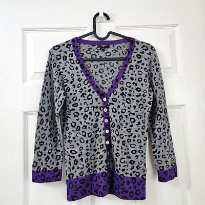 Hobbs Damen Gr. 10 Wolle Feinstrick Cardigan Pullover Animal Print Grau Lila Tr