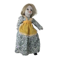 White porcelain Doll with Red Lips and Floral Print Dress with Yellow Apron - Po
