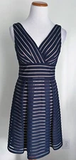 White House Black Market Navy & Beige Fit n Flare Dress, V Neck, Striped, Size 0