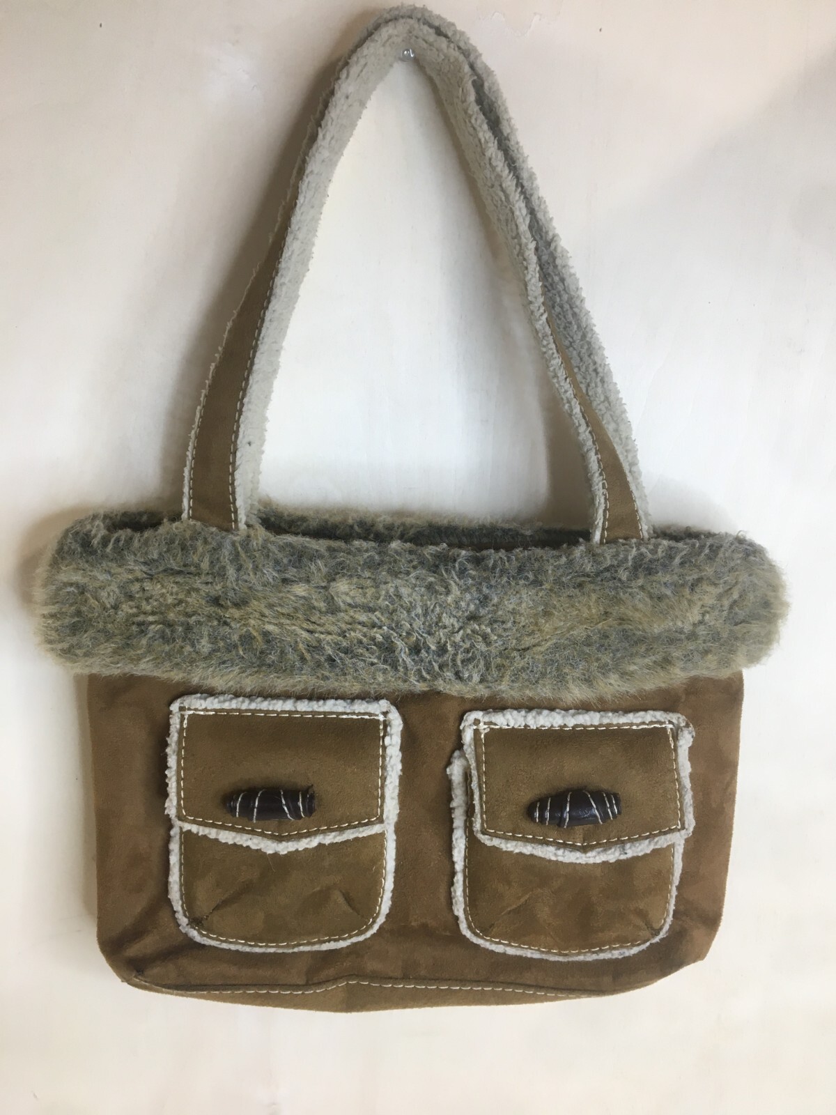 Brown Suede Shearling Trimmed Shoulder Tote Bag by Bath & Body Works-image