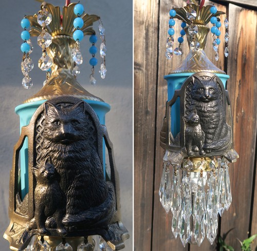 Schwarze Katze Deckenlampe Kronleuchter Messing Tole Glas Türkis Perlen Kristall Deko - Bild 4 von 12