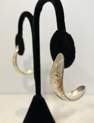 Silver Tone Crescent Etched Pierced Earrings-1.5” L - Picture 3 of 4