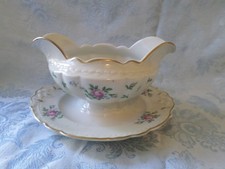 Vintage Double-Spouted Gravy Boat With Underplate Scalloped Rim Gold "M"