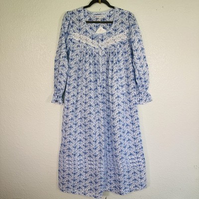 Eileen West Nightgown Womens Small Floral Bow Cotton Long Sleeve Chemise Blue