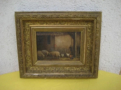 Ölgemälde Stall Scheune mit Schafe Hühner Tiere signiert: Dieter Wege - Bild 1 von 4