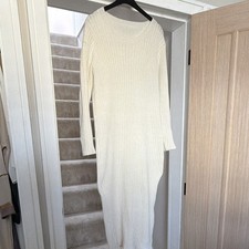 Cream Ribbed Knit Maxi Dress Womens Size S Scoop Neck Long Sleeve Stretch