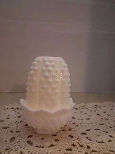 Vintage MCM Fenton White Milk Glass Hobnail 5" Fairy Lamp Light Two-Piece