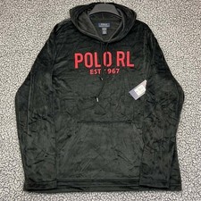 Polo Ralph Lauren Hoodie Men Large Black Velour Velvet Pullover Long Sleeve New