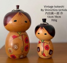 Shinichiro Uchida Floral Kokeshi Doll Pair 19cm 13cm 700g Collectible 15+