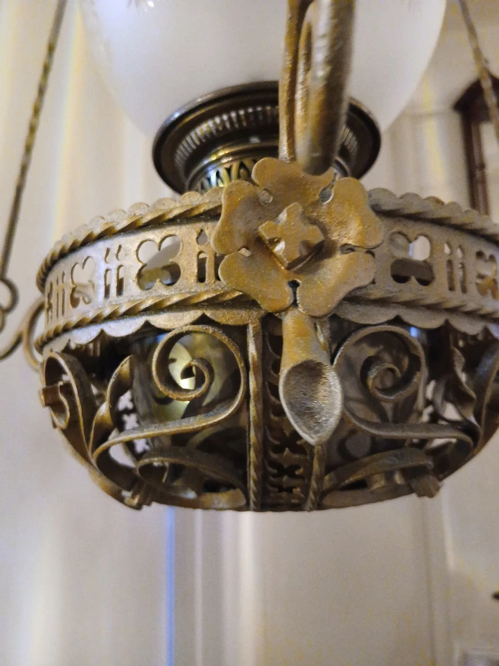 Large Antique Hanging Cast Iron Oil Lamp Chandelier Art Nouveau Victorian - Image 4 of 4