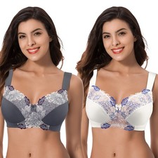 Womens Plus Size Minimizer Wireless Unlined Bra with Embroidery Lace-2Pack-Bu...