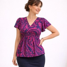 Babydoll Boho Paisley Smocked Waist Flutter Sleeve V-Neck Blouse S Magenta Navy