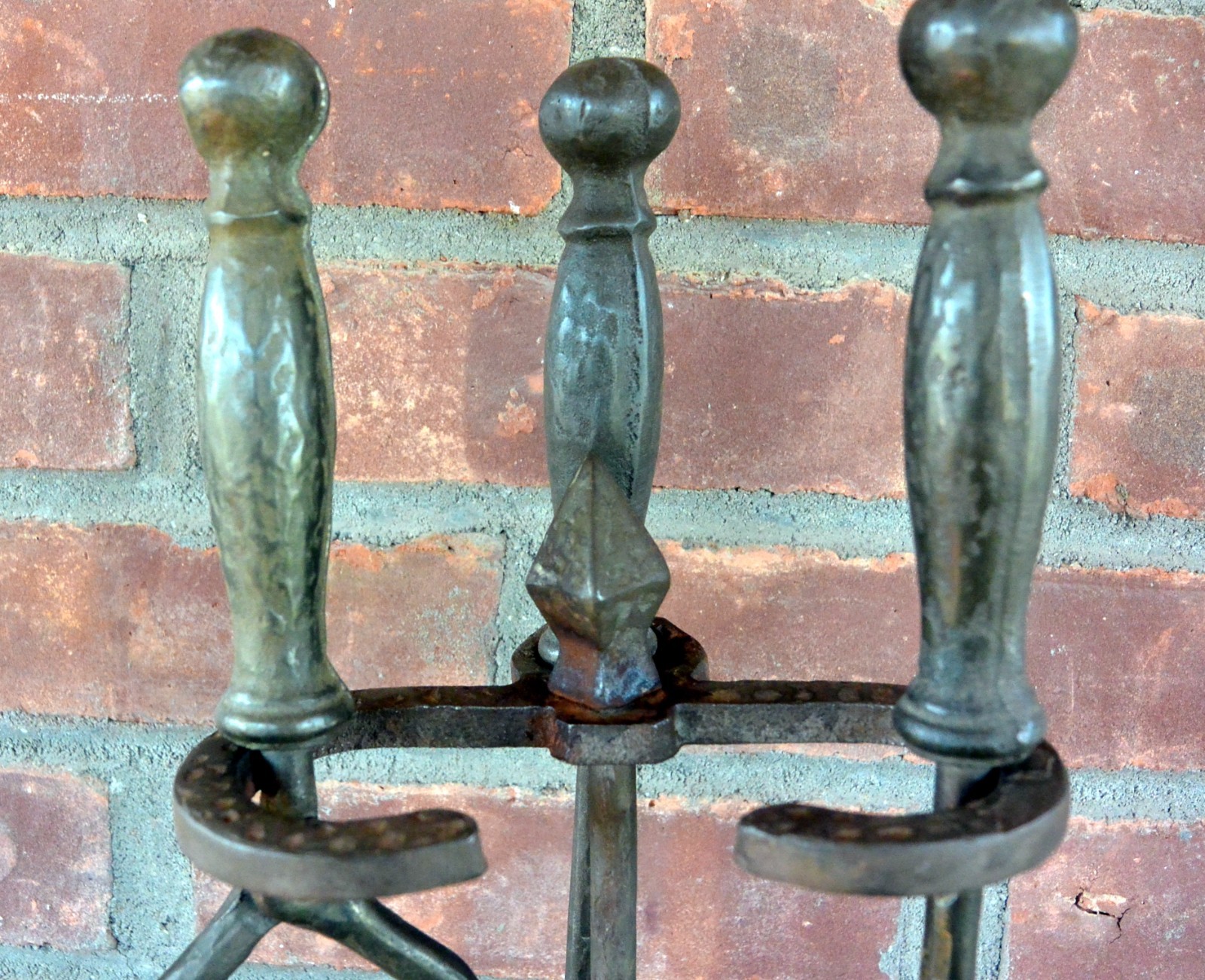 Antique Arts and Crafts Brass Fireplace Tool Set: Four Piece Hammered Handles