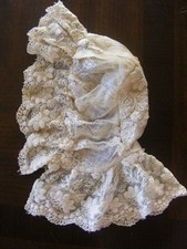 Antique Net Lace Baby Doll Bonnet Hat Ornate Needlework Christening Fancy