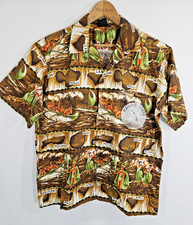 Vtg 60s Hawaiian Holiday Shirt Loop Collar Brown Whale Hunting Hula Girls Size M