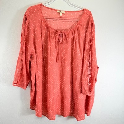 Como Blu Women 3/4 Cutout Sleeve Tie V-Neck Polka Dot Salmon Blouse 4X