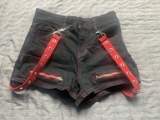 Hot Topic Black Shorts Red Suspender Straps Zippers Punk Emo Gothic Grunge Sz 5