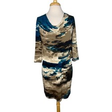 ELLEN TRACY Southwestern Water Tiled 3/4 Sleeve Jersey Dress Size 4 Green Tan