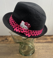 HELLO KITTY Girls Sanrio Black Fedora Hat Pink Polka Dot Ribbon Bow One Size